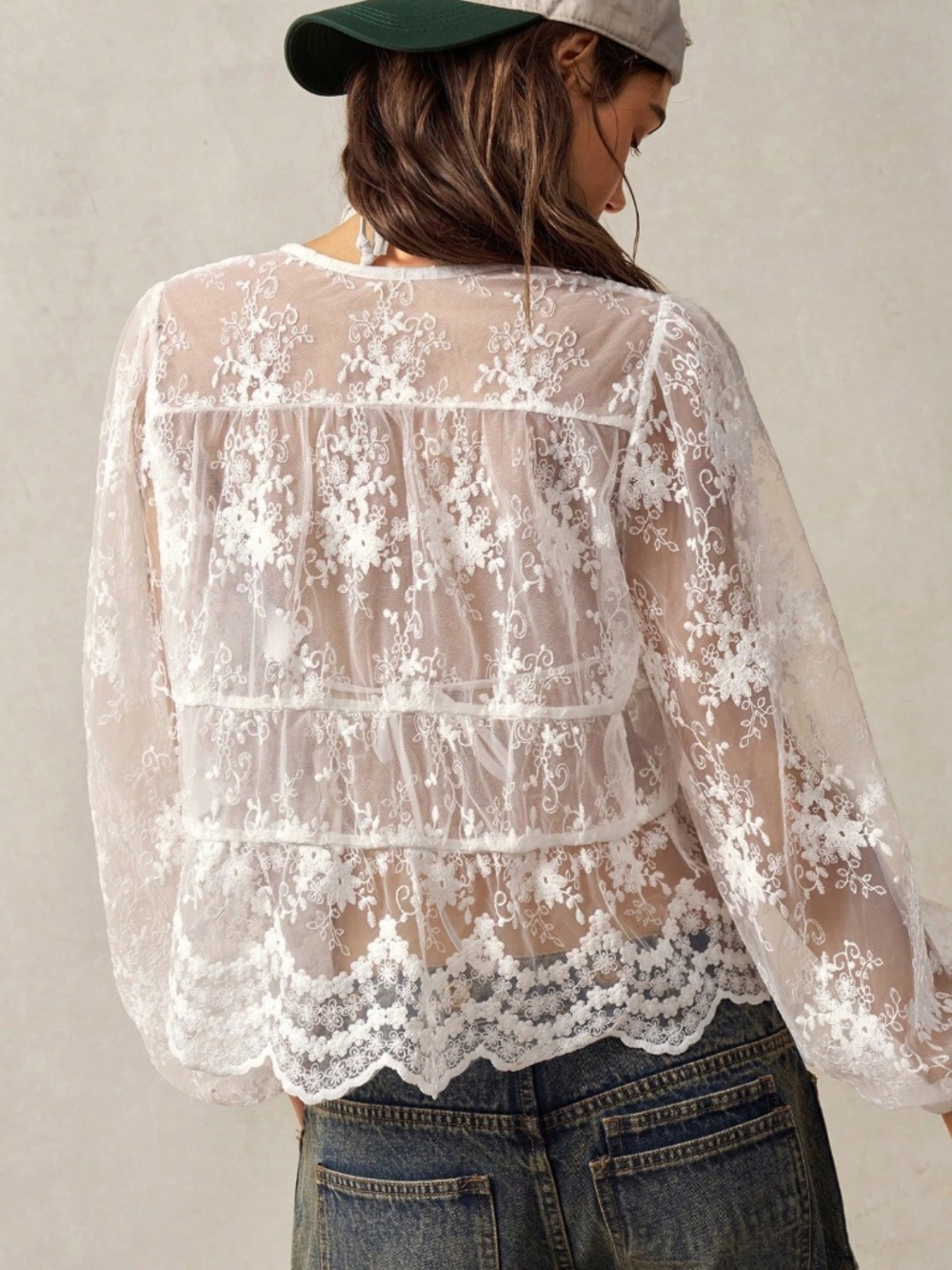 White Mesh Embroidered Floral Sheer Button Down Top - Picture 4 of 9